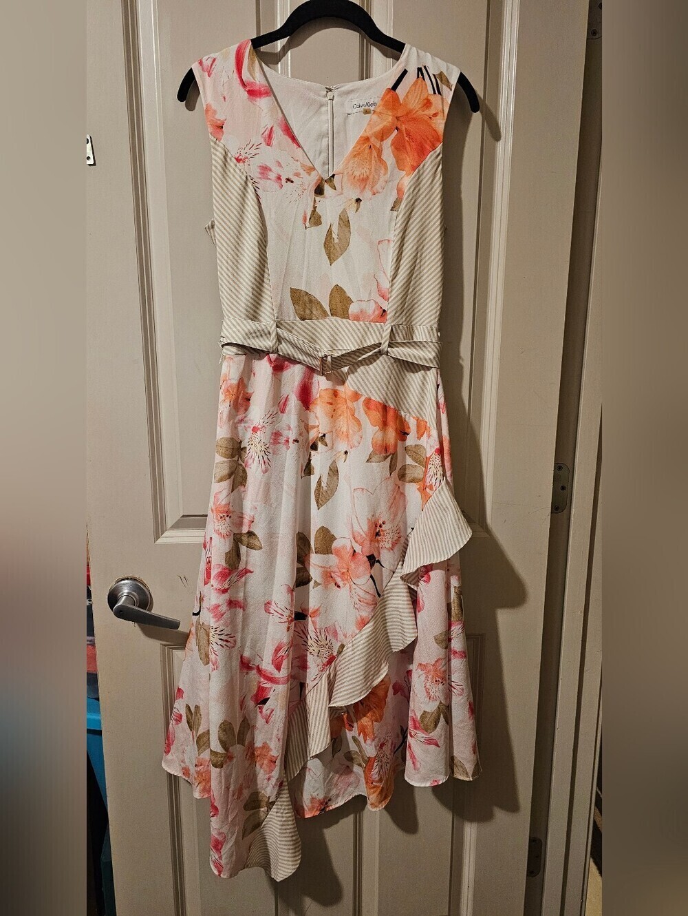 Calvin Klein White Floral High-Low Midi Dress with Pink & Peach Accents